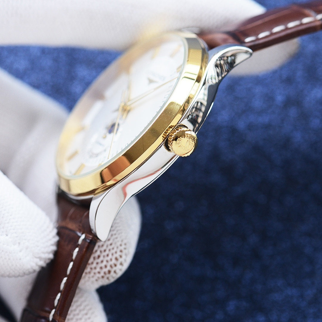 Longines watch side profile with gold bezel, brown leather strap, and crown.