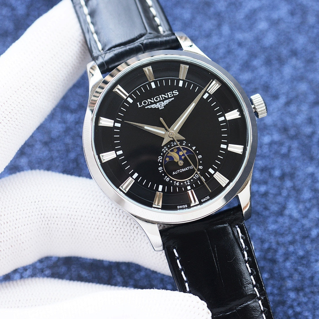 Longines watch with black dial, black leather strap, and silver case with crown.