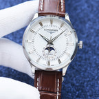 Longines watch with silver case, white dial, and brown leather strap with stitch detail.