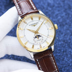 Longines watch with gold case and white dial, brown leather strap, gold crown detail.