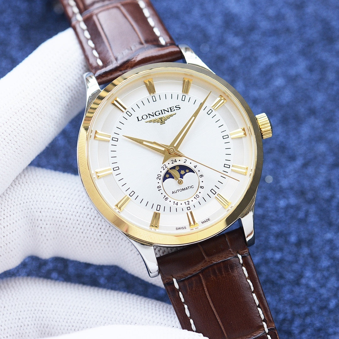 Longines watch with gold case and white dial, brown leather strap, gold crown detail.