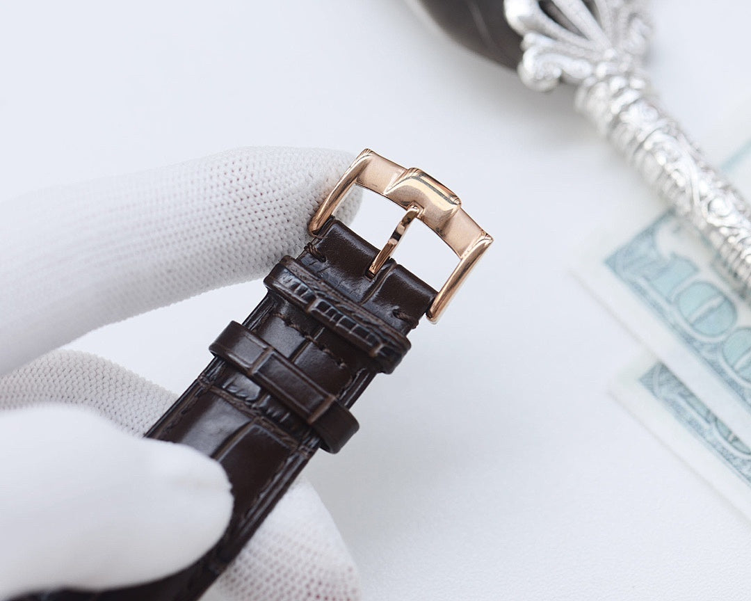 Longines watch leather strap with metal buckle, black strap with gold-toned clasp