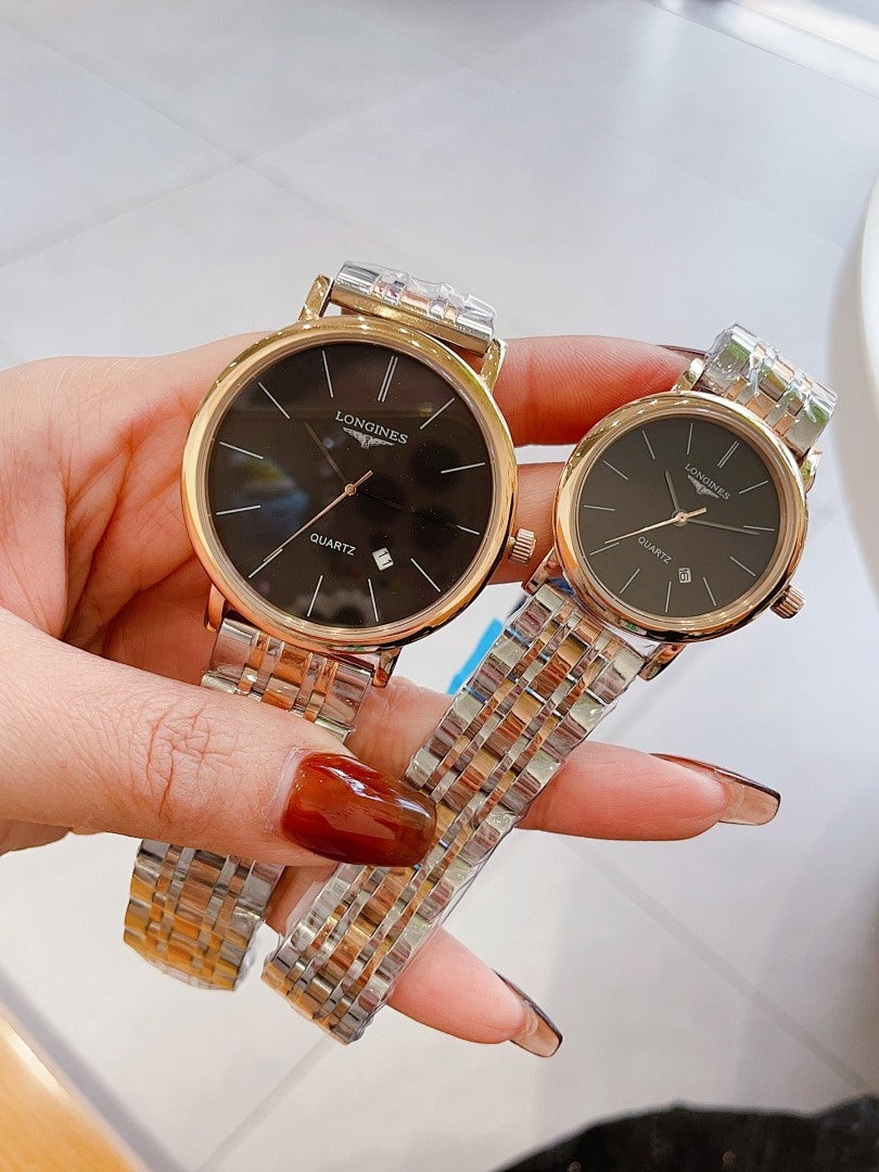 Round Longines quartz watches with silver link bracelets and black dials, gold-tone cases