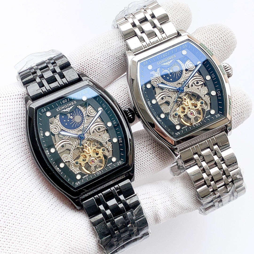 Longines watch pair with stainless steel bracelets, blue skeleton dials and gold gears.