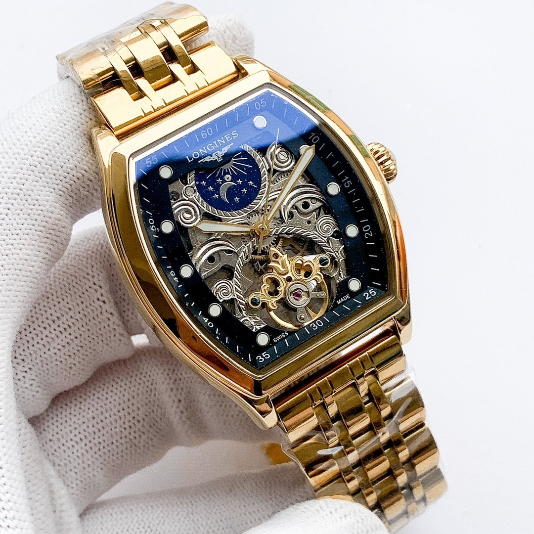 Longines watch with gold-tone bracelet and blue dial with skeleton movement and gold gears.