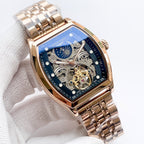 Longines watch with two-tone bracelet, blue skeleton dial and gold-toned center gear.