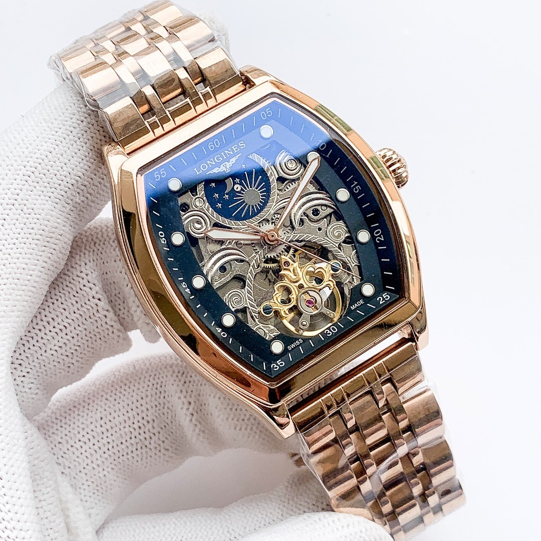 Longines watch with two-tone bracelet, blue skeleton dial and gold-toned center gear.