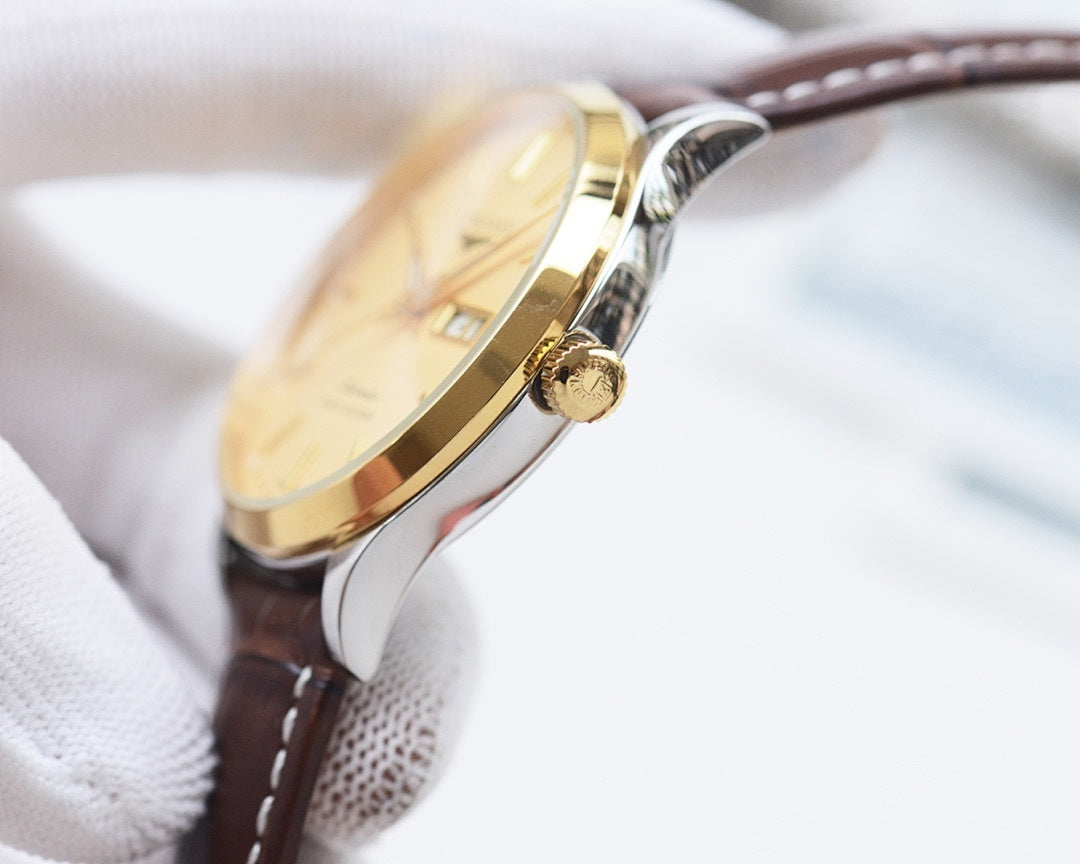Longines watch side view with gold-tone case edge and brown leather strap