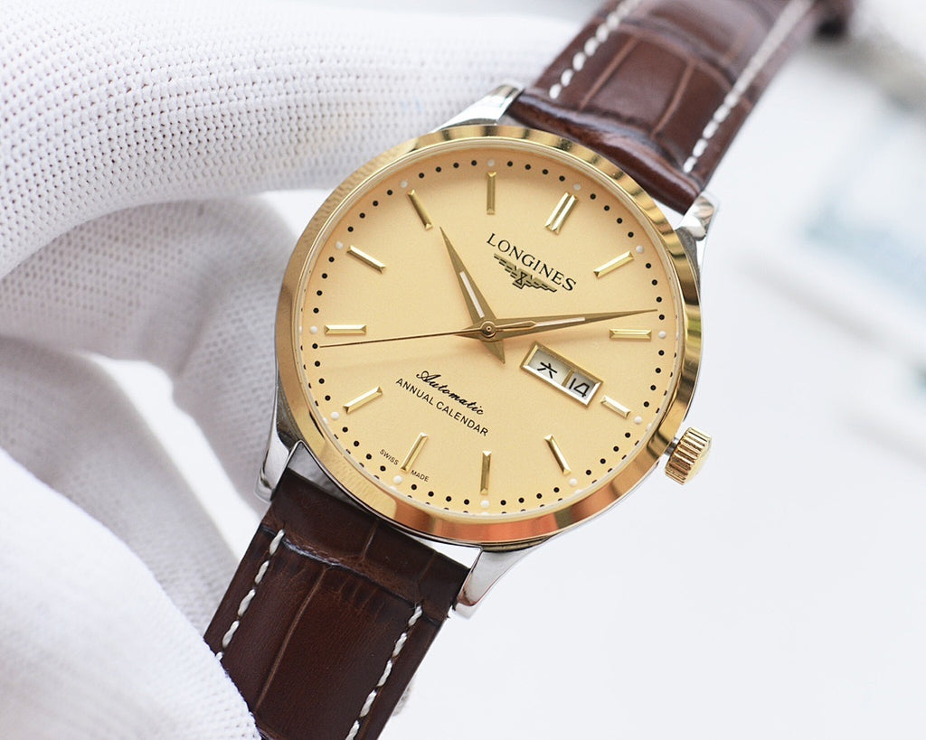 Longines watch with gold-tone dial and brown leather strap, front view