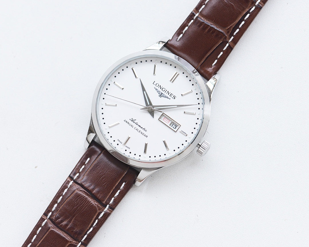 Longines watch with white dial and brown leather strap, round silver-tone case