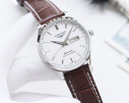 Longines watch with silver-tone dial, brown leather strap, round case and date window