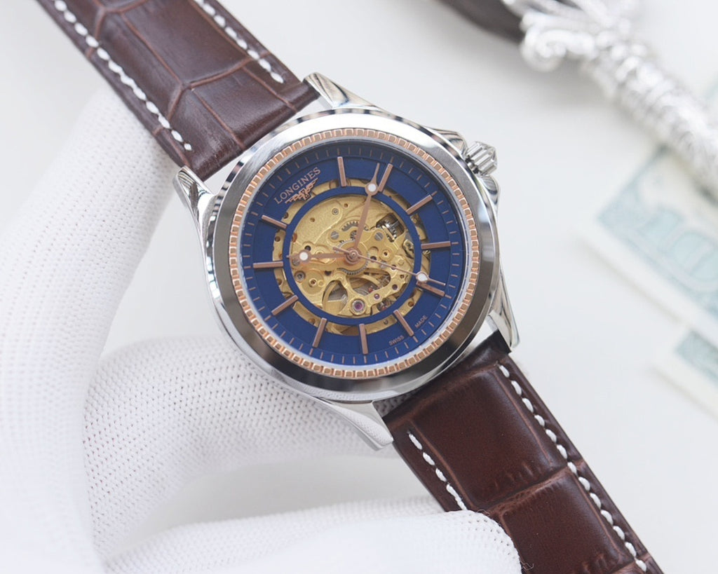 Longines skeleton watch, silver-tone case, blue dial, gold-toned movement, brown leather strap