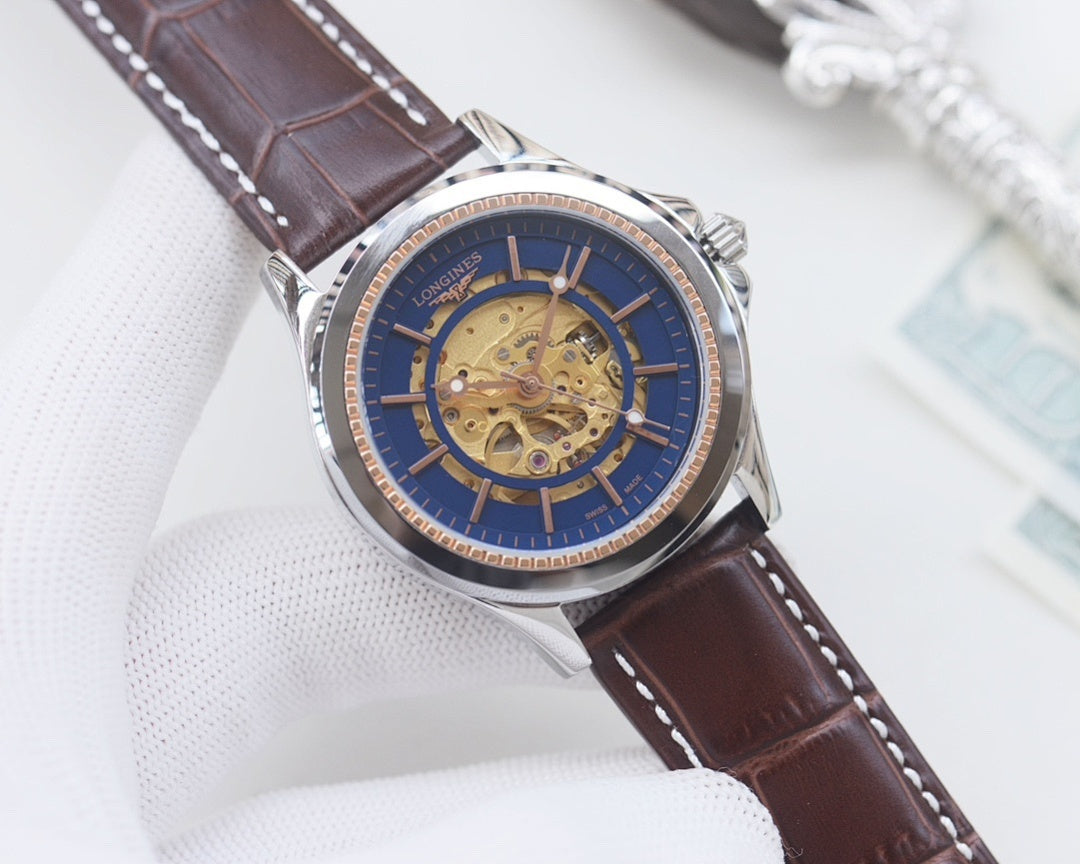 Longines skeleton watch, silver-tone case, blue dial, gold-toned movement, brown leather strap