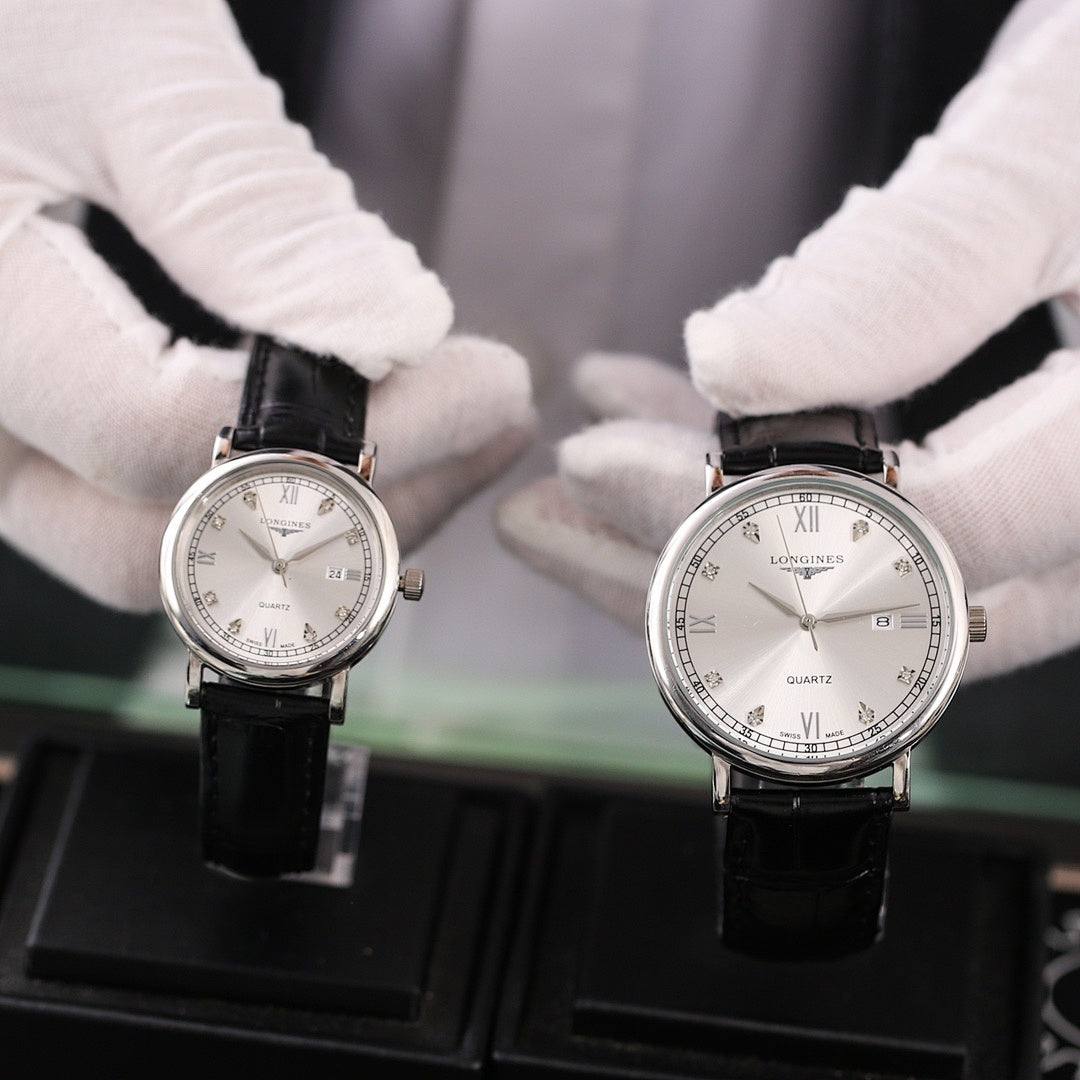 Longines quartz wristwatch with white dial and black leather strap, Roman numerals