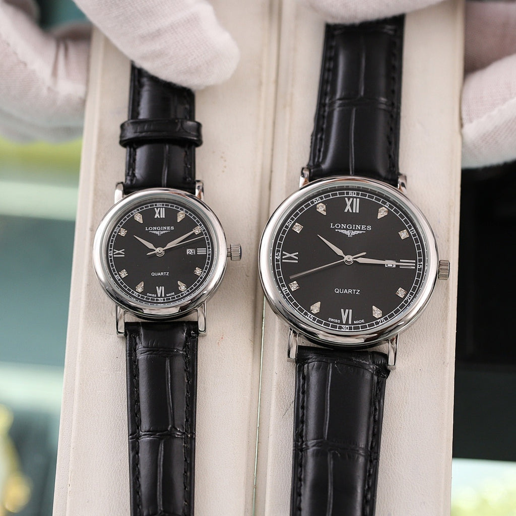 Longines quartz wristwatch with black dial and black leather strap, Roman numerals