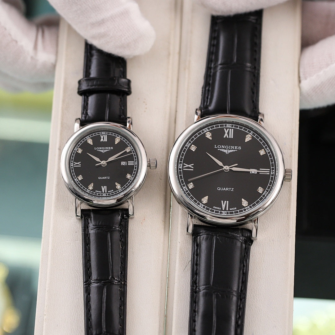 Longines quartz wristwatch with black dial and black leather strap, Roman numerals