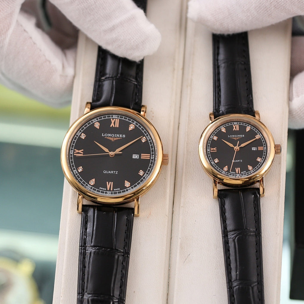 Longines quartz wristwatch with black dial and black leather strap, gold-tone case details