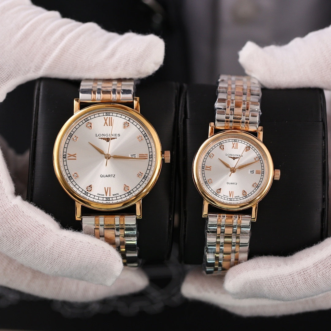Longines quartz wristwatch with white dial, silver-tone bracelet, and gold-tone case