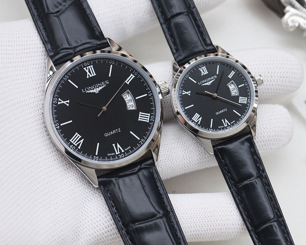 Black dial quartz watch with Roman numerals, date window, black leather strap, silver case