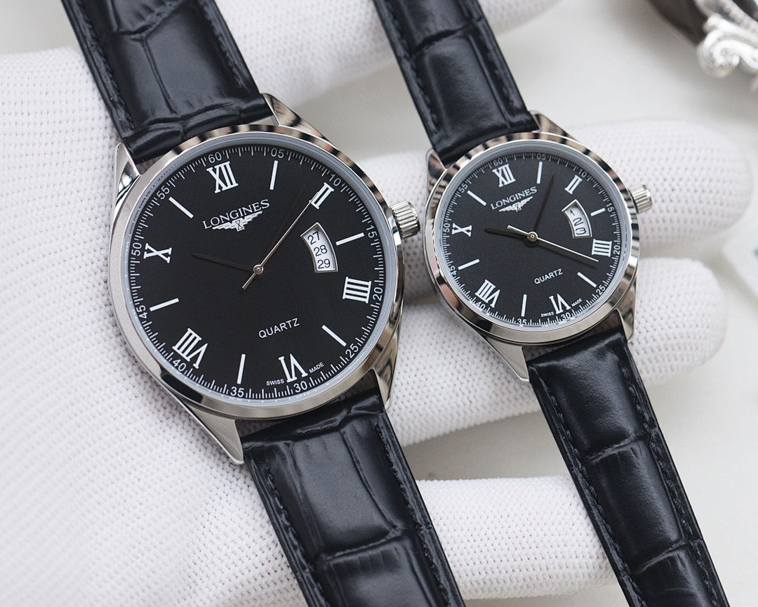 Black dial quartz watch with Roman numerals, date window, black leather strap, silver case