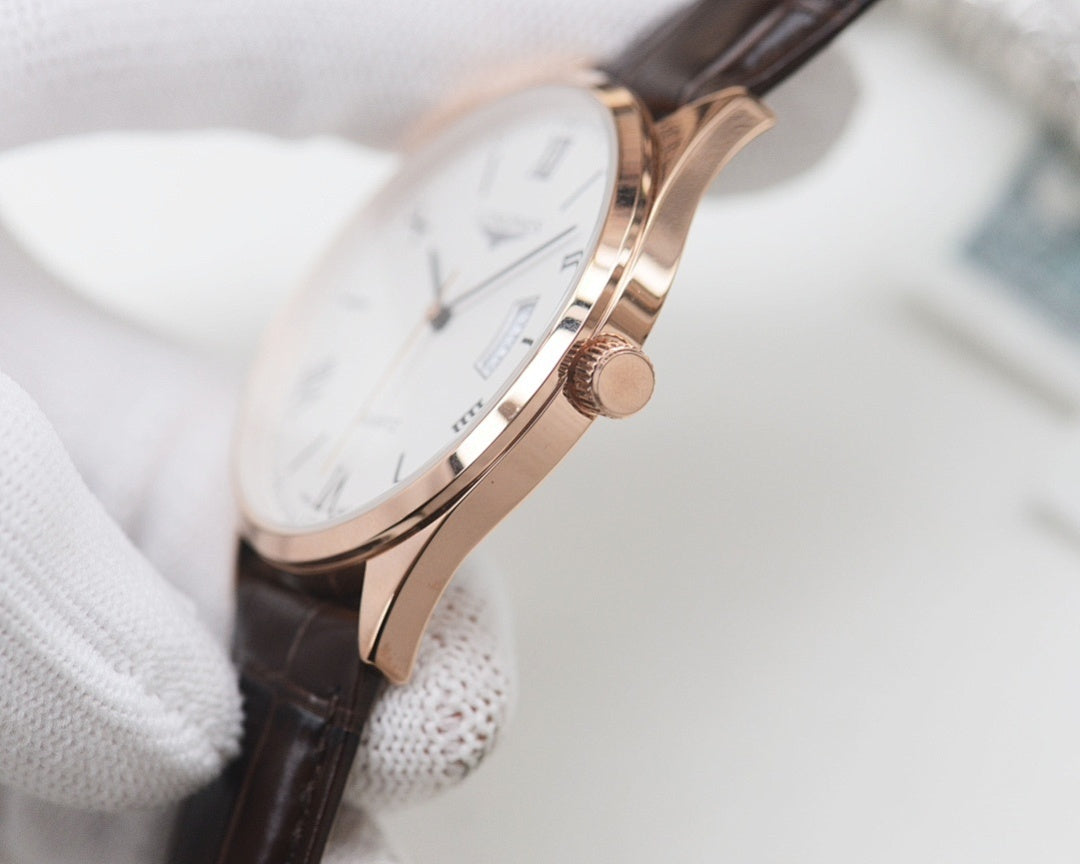 White dial quartz watch with rose gold case, Roman numerals, dark leather strap