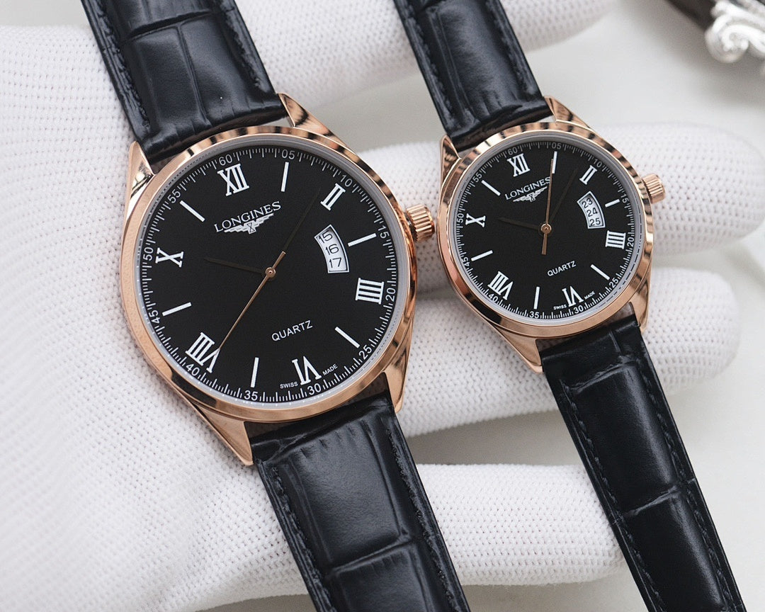 Two black dial quartz watches with Roman numerals, rose gold cases, black leather straps