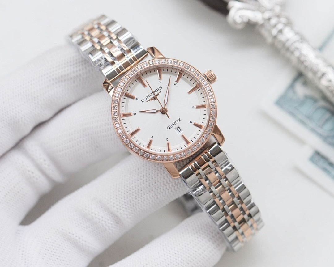 Longines two-tone wristwatch with white dial, rose bezel, and steel bracelet