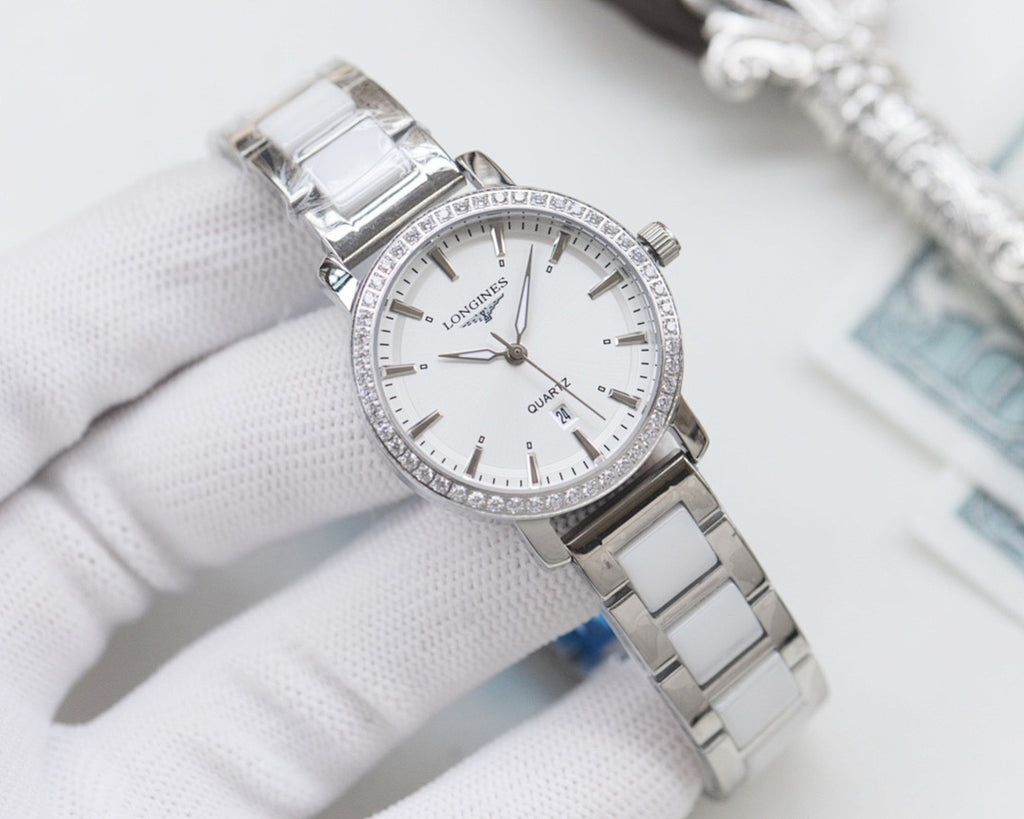 Longines stainless steel wristwatch with white dial and steel bracelet