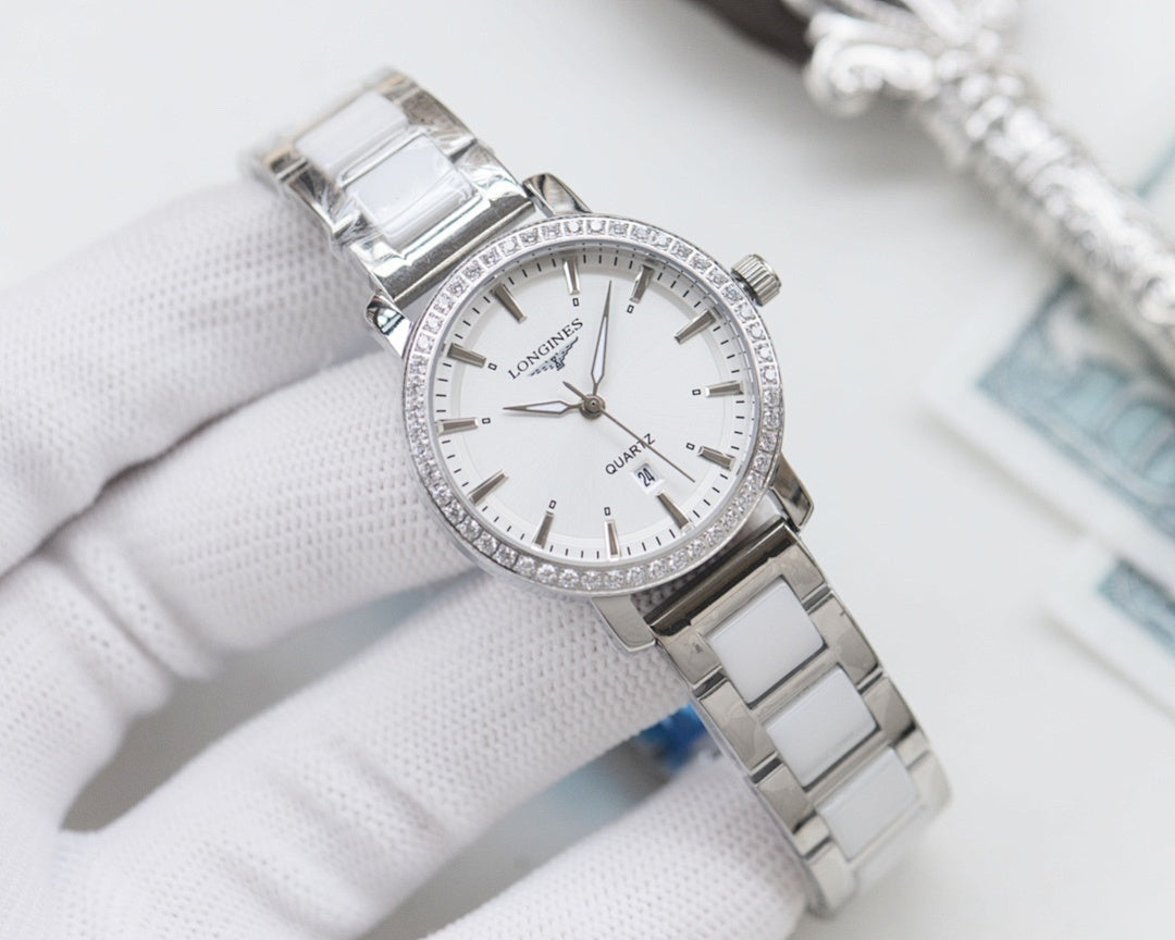 Longines stainless steel wristwatch with white dial and steel bracelet