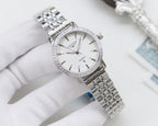 Longines stainless steel wristwatch with black dial and linked metal bracelet