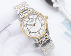 Two-tone Longines watch with white dial, gold bezel ring, and silver-and-gold bracelet.