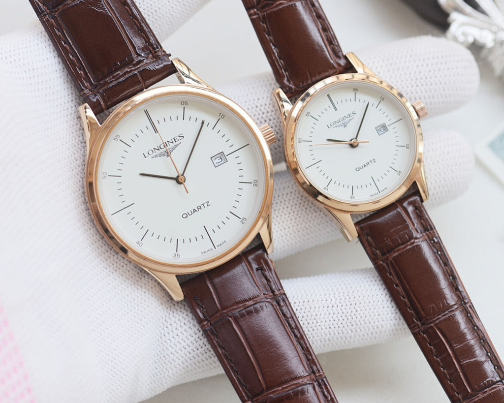 Pair of quartz wristwatches with white dials and brown leather straps