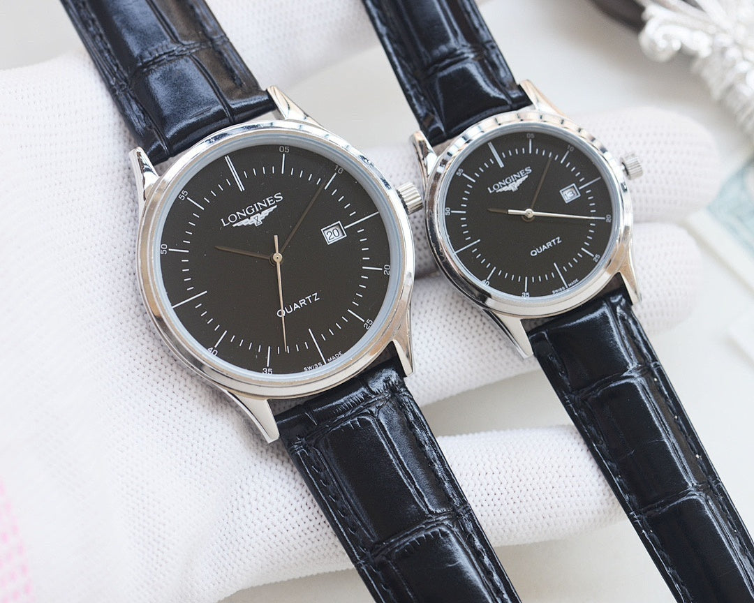 Pair of quartz wristwatches with dark dials and dark leather strap