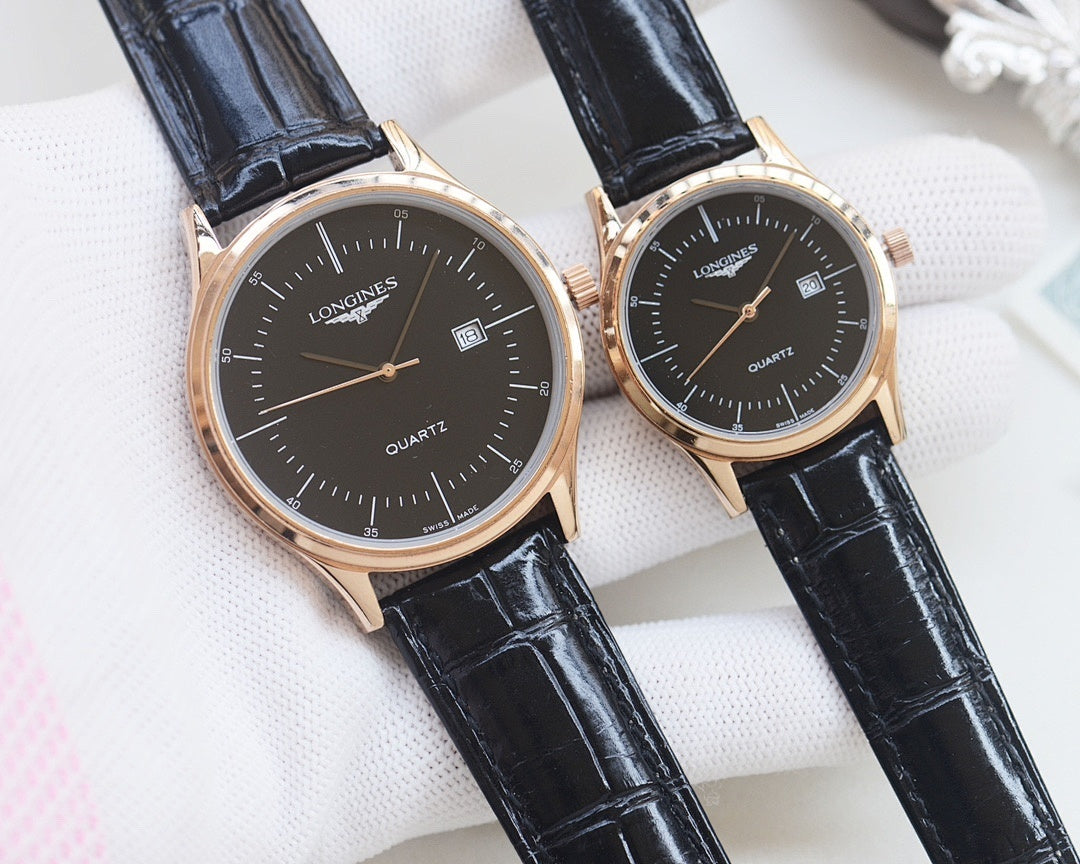 Pair of quartz wristwatches with black dials and black leather straps