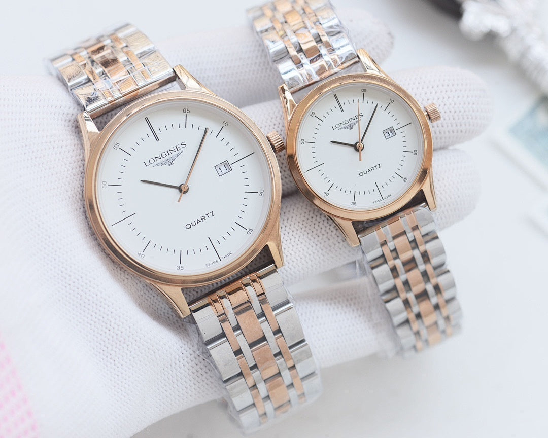 Pair of quartz wristwatches with white dials and rose-gold metal bracelet straps