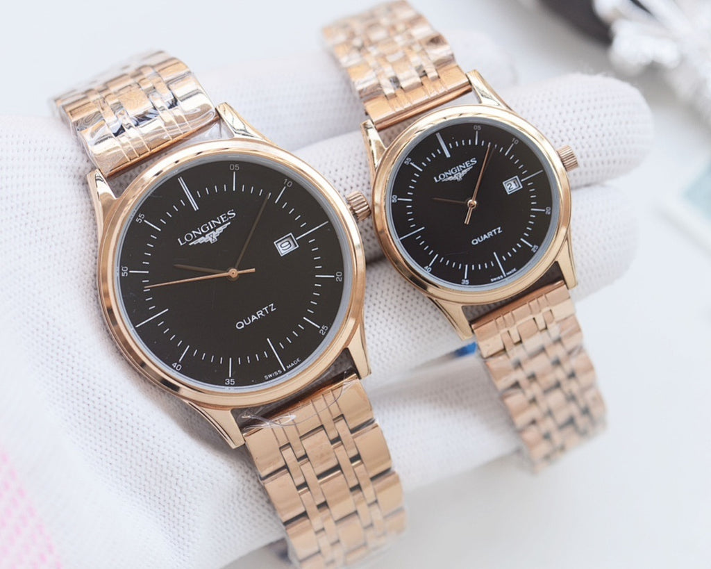 Pair of quartz wristwatches with black dials and rose-gold metal bracelet straps