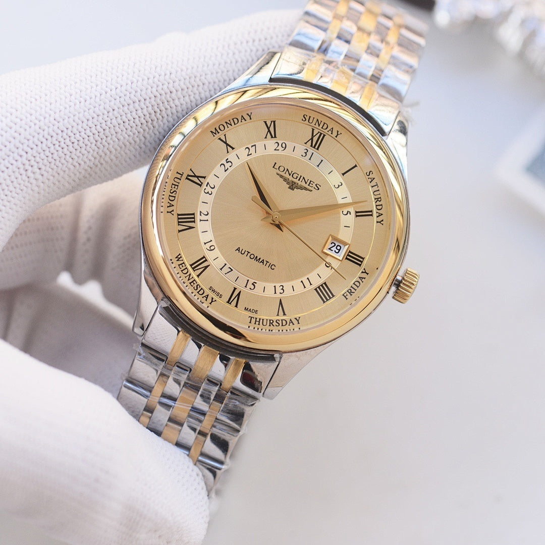 Two-tone stainless steel watch, cream dial with Roman numerals and day-date