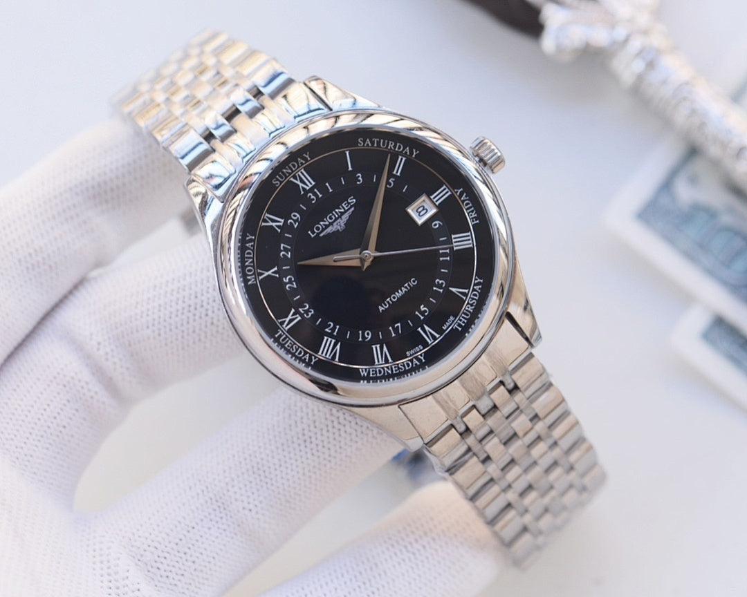 Two-tone stainless steel watch, black dial with Roman numerals and day-date
