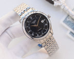 Two-tone stainless steel watch, black dial with day-date window and crown