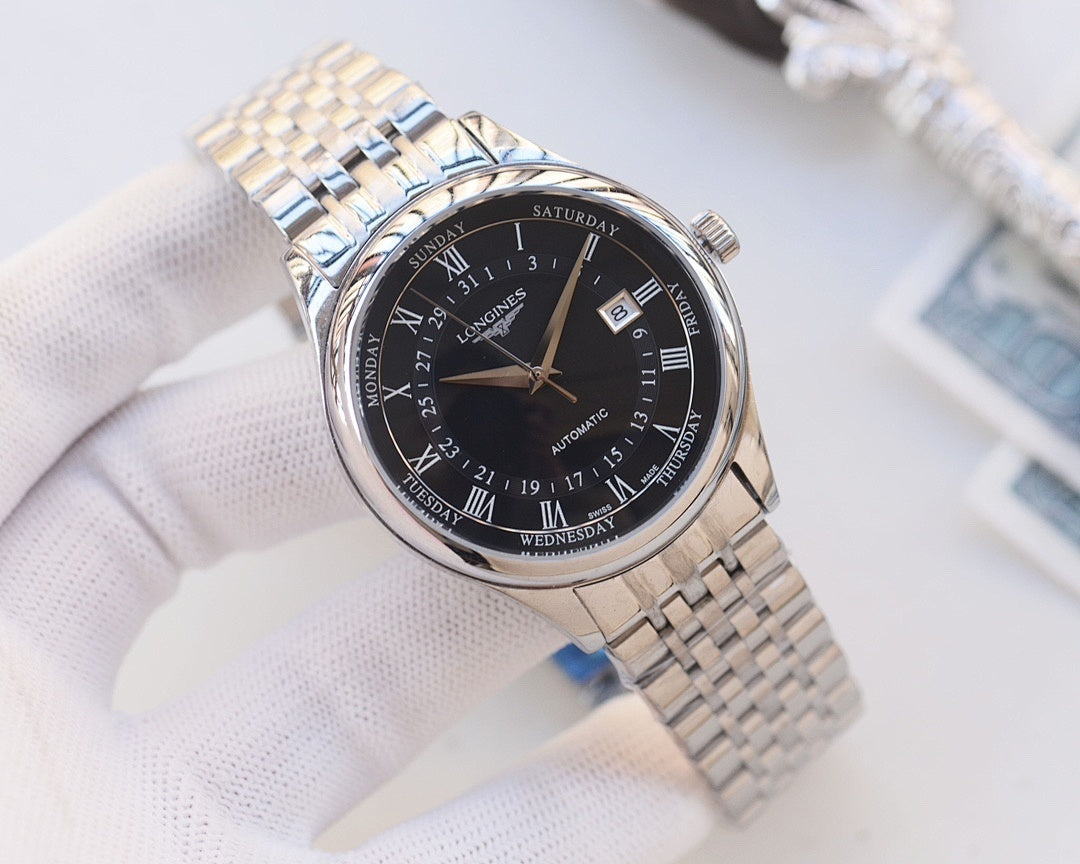 Two-tone stainless steel watch, black dial with day-date window and crown