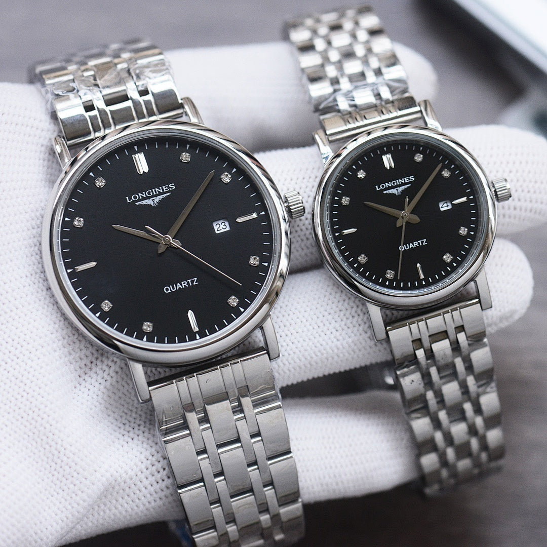 Longines quartz watch pair with silver metal bracelet and black dial, round case, baton markers