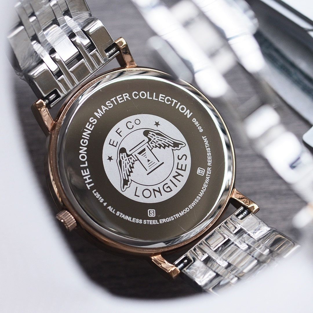 Longines watch caseback in stainless steel with engraved text and logo, on metal bracelet