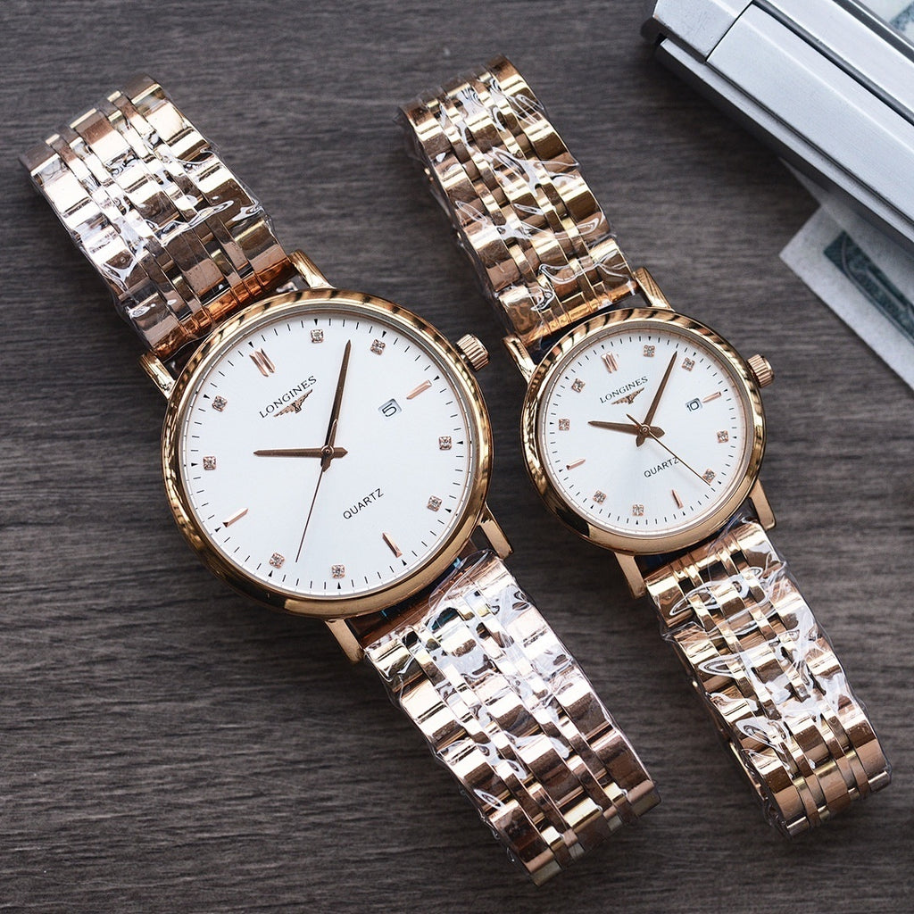 Longines quartz watch pair with two-tone metal bracelet and white dial, round cases, markers