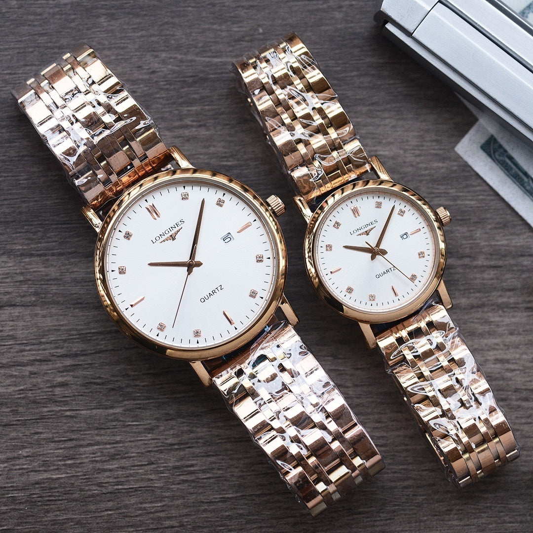 Longines quartz watch pair with two-tone metal bracelet and white dial, round cases, markers