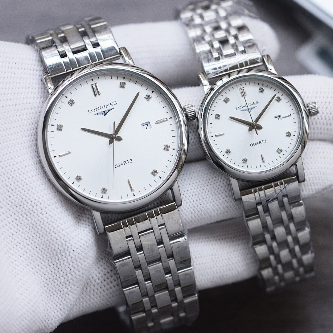 Longines quartz watch pair with silver metal bracelet and white dial, round case, hour markers