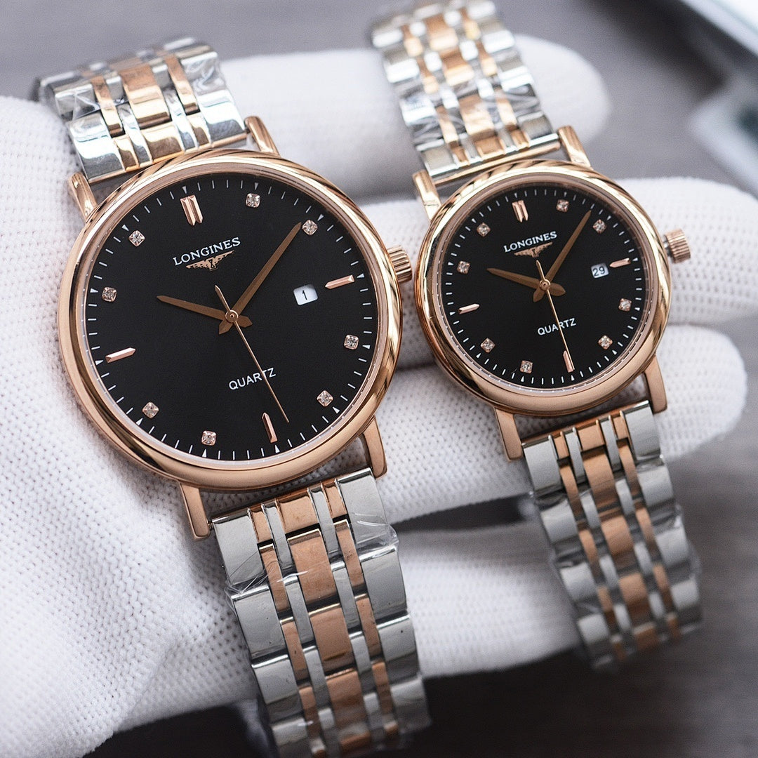 Longines quartz watch pair with silver and rose gold bracelets and black dials, round cases