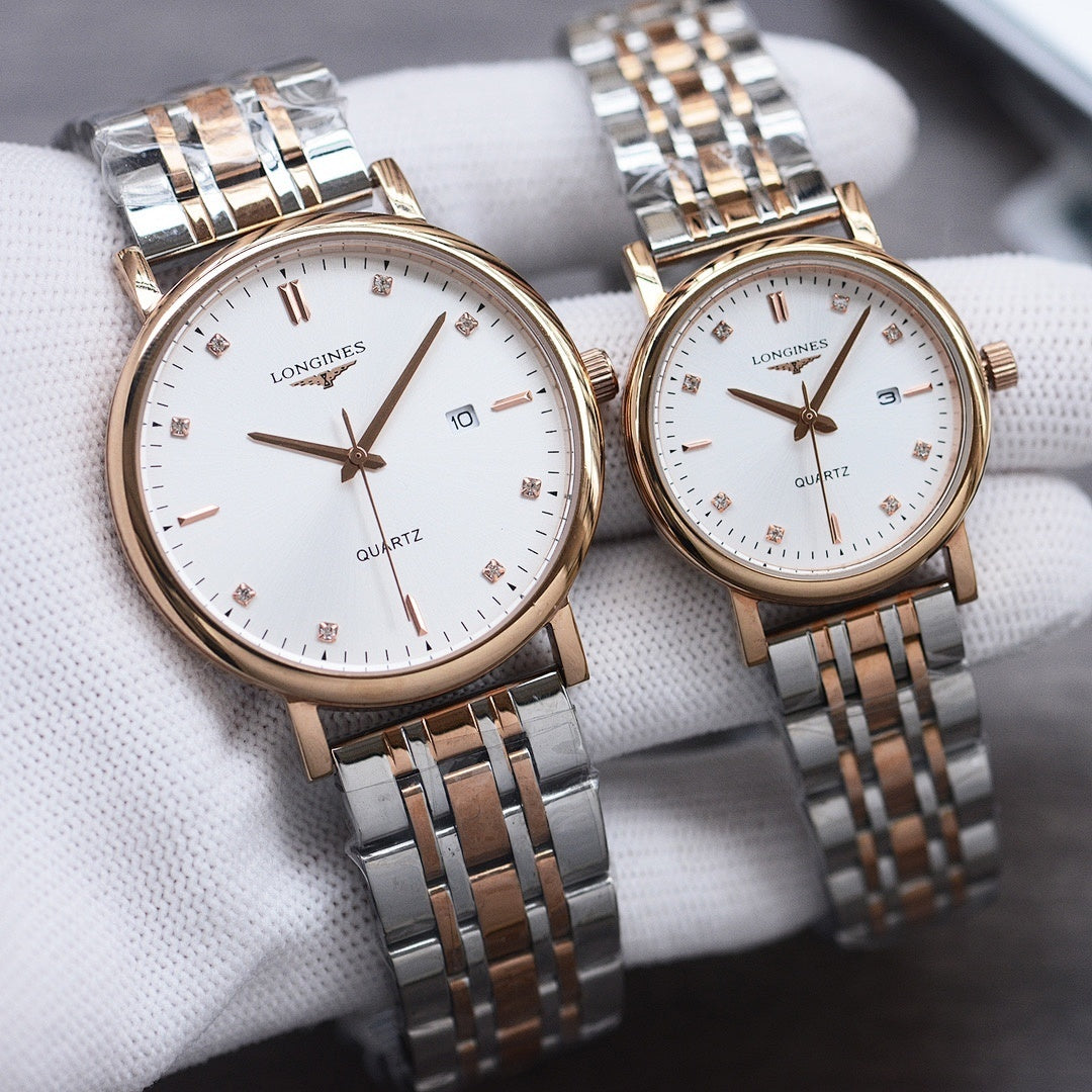Longines quartz watch pair with two-tone bracelet and white dial, round cases, baton markers