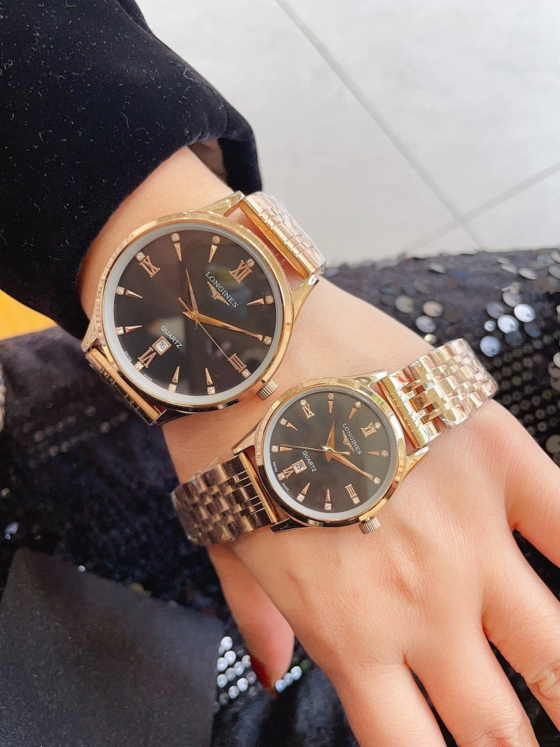 Longines watches on wrists with gold-tone bands and dark brown round dials
