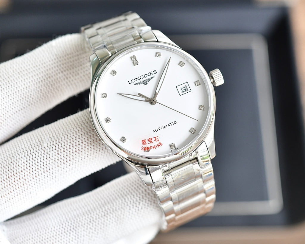 Longines automatic watch with silver-tone bracelet and white dial, baton markers
