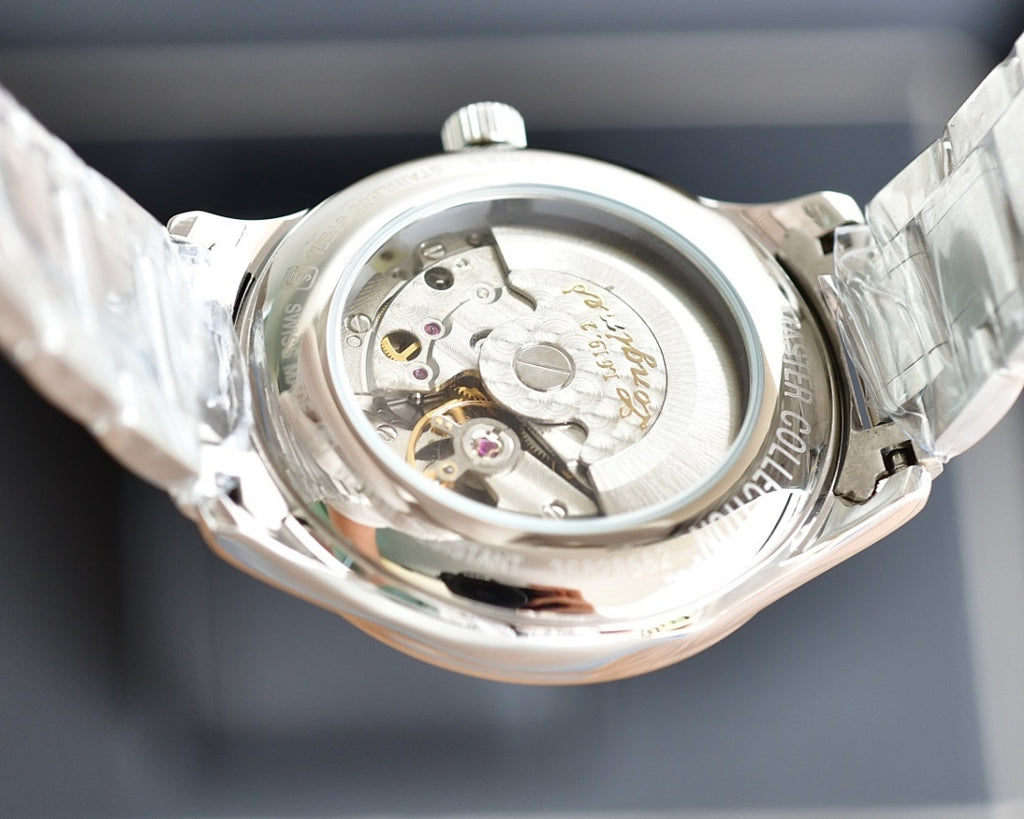 Longines automatic watch caseback view with exposed inner mechanisms